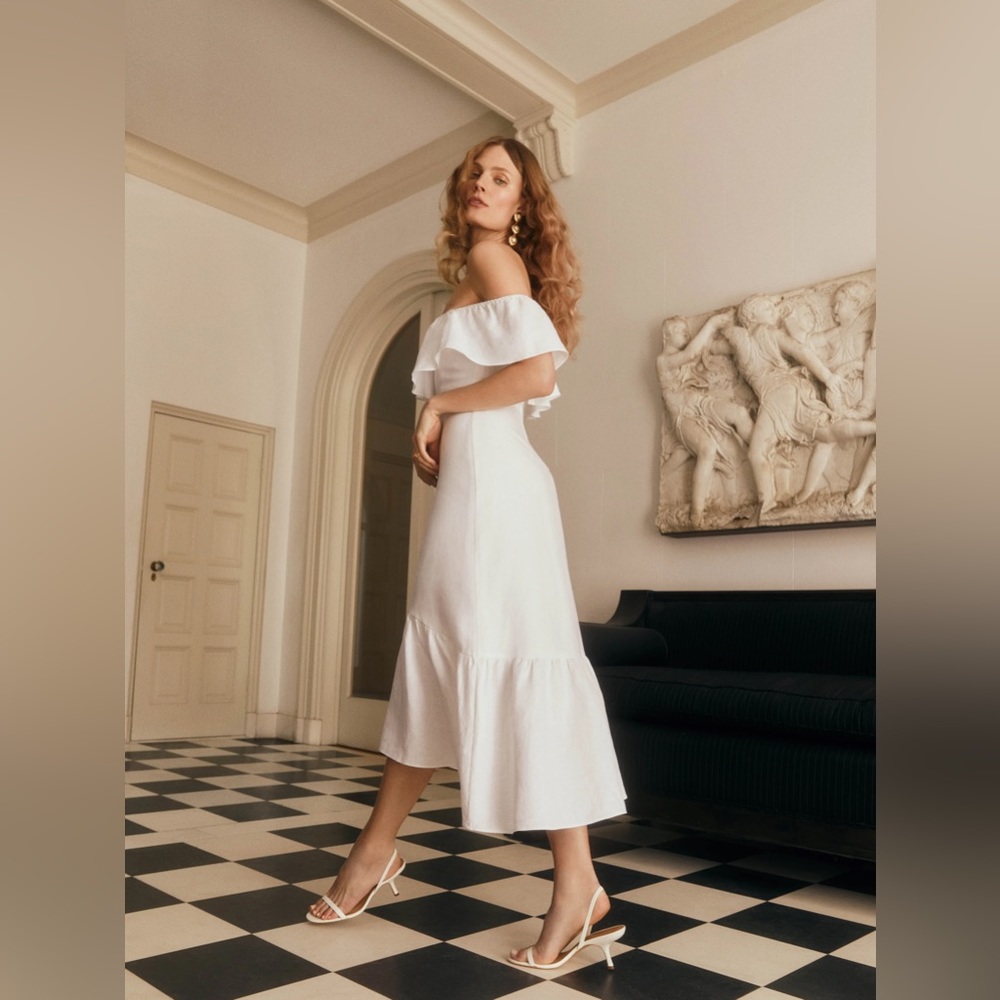 Reformation Baela Linen Dress in White